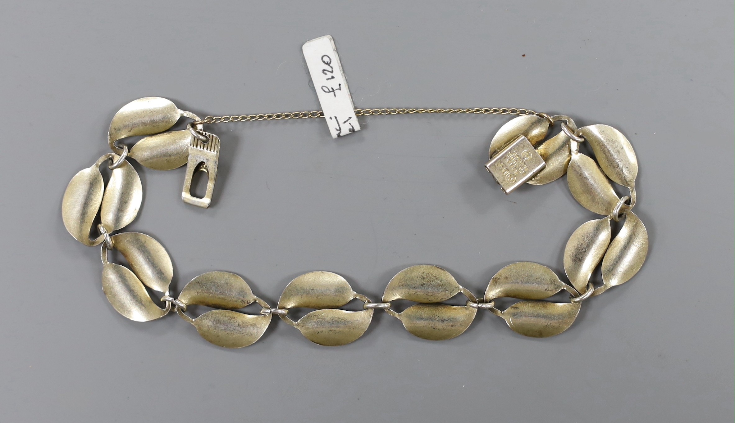 A Norwegian 925 sterling and white enamel set leaf bracelet by David Andersen, 17cm.